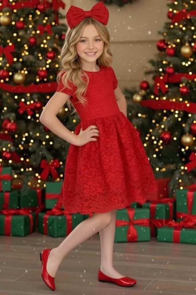 Kız Çocuk Üzeri Dantel İşlemeli İçi Astarlı Simli Kırmızı Abiye