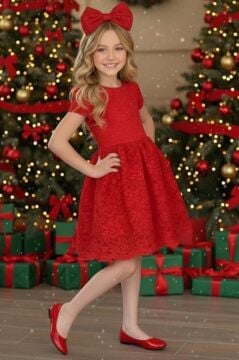 Kız Çocuk Üzeri Dantel İşlemeli İçi Astarlı Simli Kırmızı Abiye