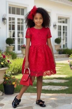 Kız Çocuk Üzeri Dantel İşlemeli İçi Astarlı Simli Kırmızı Abiye