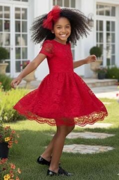 Kız Çocuk Üzeri Dantel İşlemeli İçi Astarlı Simli Kırmızı Abiye