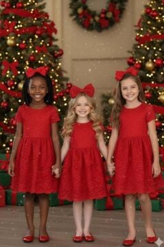 Kız Çocuk Üzeri Dantel İşlemeli İçi Astarlı Simli Kırmızı Abiye