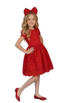 Kız Çocuk Üzeri Dantel İşlemeli İçi Astarlı Simli Kırmızı Abiye