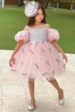 Kız Çocuk Düşük Omuzlu Balon Kollu Göğsü Pulpayet İşlemeli Üzeri Yusufçuk Detaylı Pembe Abiye