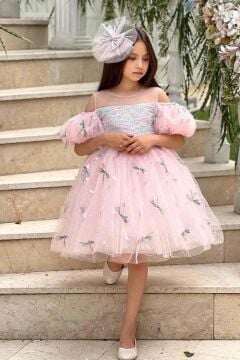 Kız Çocuk Düşük Omuzlu Balon Kollu Göğsü Pulpayet İşlemeli Üzeri Yusufçuk Detaylı Pembe Abiye