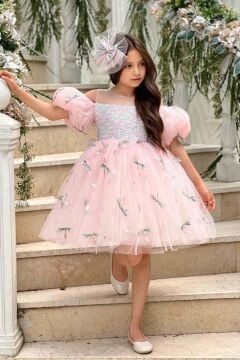 Kız Çocuk Düşük Omuzlu Balon Kollu Göğsü Pulpayet İşlemeli Üzeri Yusufçuk Detaylı Pembe Abiye