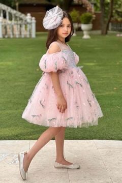 Kız Çocuk Düşük Omuzlu Balon Kollu Göğsü Pulpayet İşlemeli Üzeri Yusufçuk Detaylı Pembe Abiye