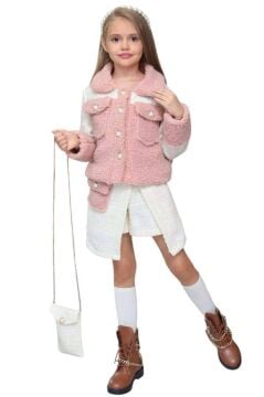 Kız Çocuk İnci Düğme ve Peluş Detaylı Gömlek Pembe Triko Etekli Takım