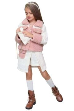 Kız Çocuk İnci Düğme ve Peluş Detaylı Gömlek Pembe Triko Etekli Takım