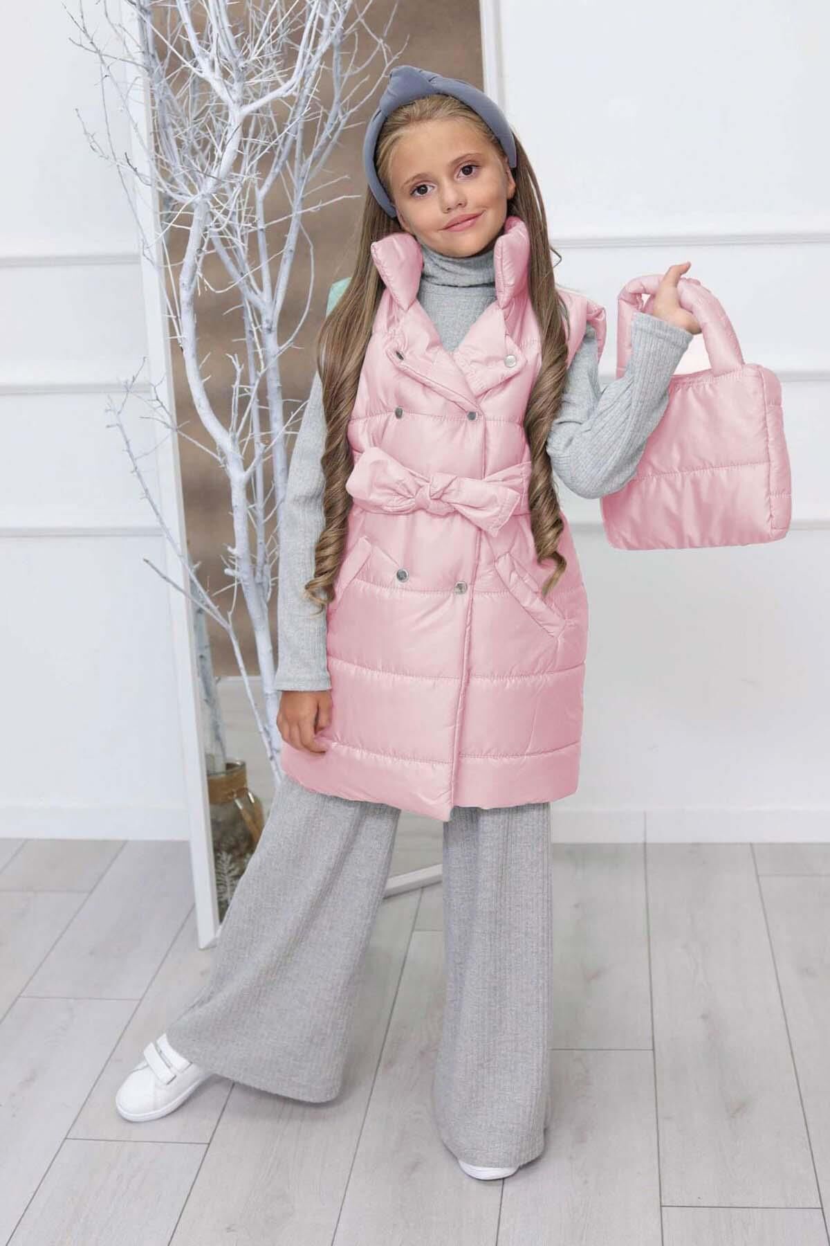 Kız Çocuk Dikiş Detaylı Uzun Şişme Yelek Pembe