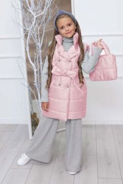 Kız Çocuk Dikiş Detaylı Uzun Şişme Yelek Pembe