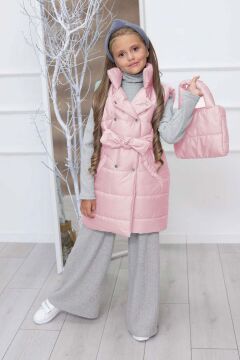 Kız Çocuk Dikiş Detaylı Uzun Şişme Yelek Pembe