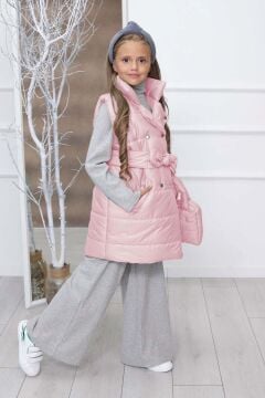 Kız Çocuk Dikiş Detaylı Uzun Şişme Yelek Pembe