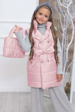 Kız Çocuk Dikiş Detaylı Uzun Şişme Yelek Pembe
