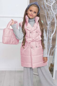 Kız Çocuk Dikiş Detaylı Uzun Şişme Yelek Pembe