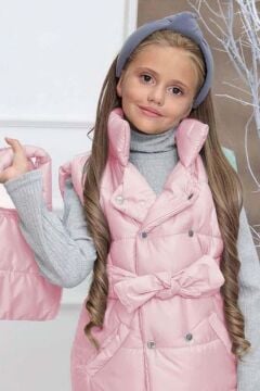 Kız Çocuk Dikiş Detaylı Uzun Şişme Yelek Pembe