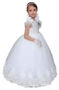 Kız Çocuk Omuzlar Püsküllü Gövdesi İnci Boncuk İşlemeli Etek Ucu Dantel İşlemeli Tüllü Beyaz Abiye