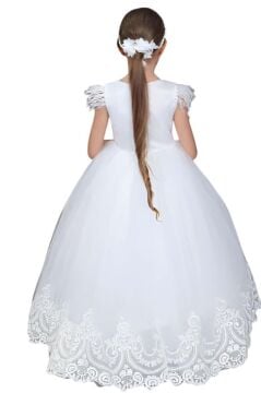 Kız Çocuk Omuzlar Püsküllü Gövdesi İnci Boncuk İşlemeli Etek Ucu Dantel İşlemeli Tüllü Beyaz Abiye