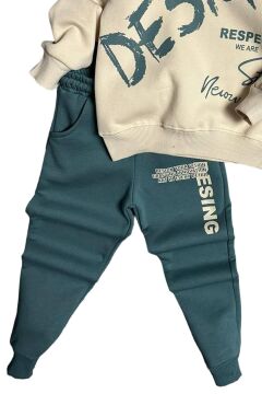 Erkek Çocuk Çift Baskılı Respect Design Yazı Şardonlu Yeşil Eşofman Takım