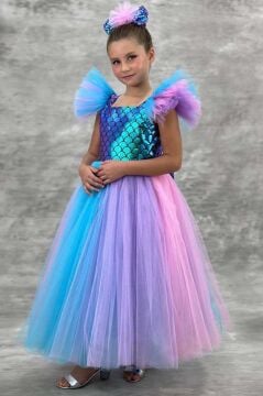 Kız Çocuk Kare Yaka Sıfır Kol Omuzları Tül Detaylı Göğsü Pullu Eteği Rengarenk Tüllü Abiye