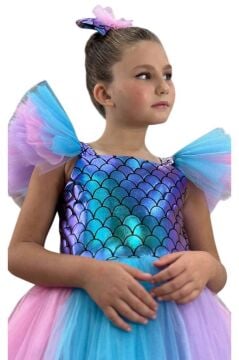 Kız Çocuk Kare Yaka Sıfır Kol Omuzları Tül Detaylı Göğsü Pullu Eteği Rengarenk Tüllü Abiye