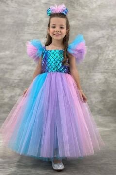 Kız Çocuk Kare Yaka Sıfır Kol Omuzları Tül Detaylı Göğsü Pullu Eteği Rengarenk Tüllü Abiye