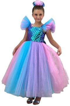 Kız Çocuk Kare Yaka Sıfır Kol Omuzları Tül Detaylı Göğsü Pullu Eteği Rengarenk Tüllü Abiye