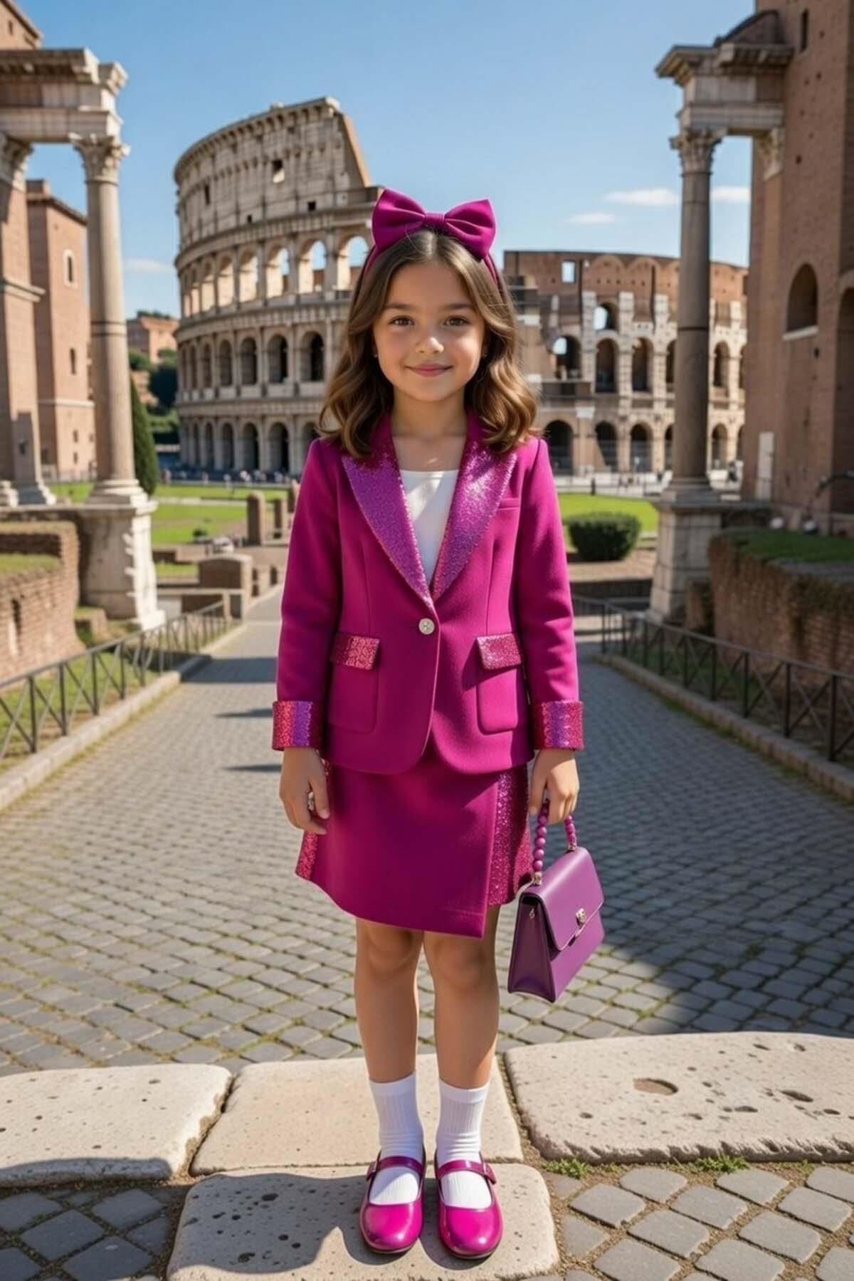 Kız Çocuk Üzeri Pullu ve Cep Detaylı Şal Yaka Ceket ve Asimetrik Kesim Mor Pullu Etekli Takım