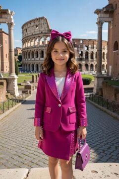 Kız Çocuk Üzeri Pullu ve Cep Detaylı Şal Yaka Ceket ve Asimetrik Kesim Mor Pullu Etekli Takım