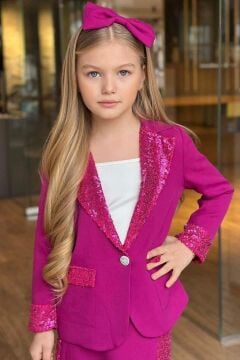 Kız Çocuk Üzeri Pullu ve Cep Detaylı Şal Yaka Ceket ve Asimetrik Kesim Mor Pullu Etekli Takım