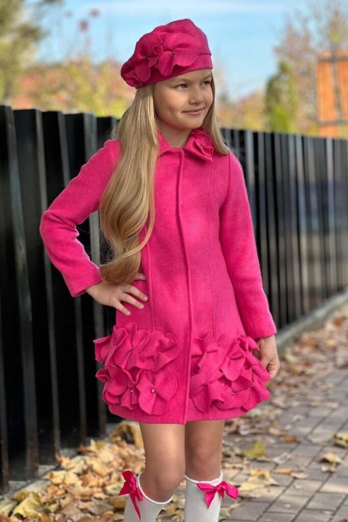 Kız Çocuk Yakası Taş ve Yonca Detaylı Çıtçıt Düğmeli Fuşya Kaşe