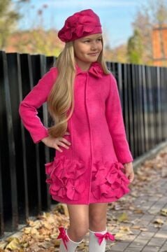 Kız Çocuk Yakası Taş ve Yonca Detaylı Çıtçıt Düğmeli Fuşya Kaşe