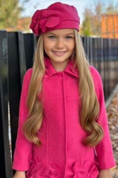 Kız Çocuk Yakası Taş ve Yonca Detaylı Çıtçıt Düğmeli Fuşya Kaşe