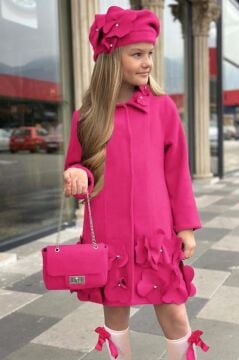 Kız Çocuk Yakası Taş ve Yonca Detaylı Çıtçıt Düğmeli Fuşya Kaşe