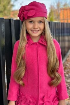 Kız Çocuk Yakası Taş ve Yonca Detaylı Çıtçıt Düğmeli Fuşya Kaşe