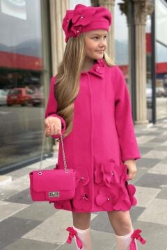 Kız Çocuk Yakası Taş ve Yonca Detaylı Çıtçıt Düğmeli Fuşya Kaşe