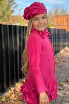 Kız Çocuk Yakası Taş ve Yonca Detaylı Çıtçıt Düğmeli Fuşya Kaşe