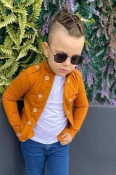 Erkek Çocuk Omzu ve Ceket Yakası Düğme Detaylı Cepli Blazer Ceketli Hardal Alt Üst Takım