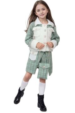 Kız Çocuk İnci Düğme ve Peluş Detaylı Gömlek Yeşil Triko Etekli Takım