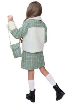 Kız Çocuk İnci Düğme ve Peluş Detaylı Gömlek Yeşil Triko Etekli Takım