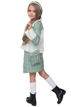 Kız Çocuk İnci Düğme ve Peluş Detaylı Gömlek Yeşil Triko Etekli Takım