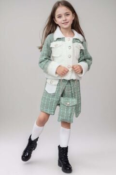 Kız Çocuk İnci Düğme ve Peluş Detaylı Gömlek Yeşil Triko Etekli Takım