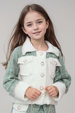 Kız Çocuk İnci Düğme ve Peluş Detaylı Gömlek Yeşil Triko Etekli Takım