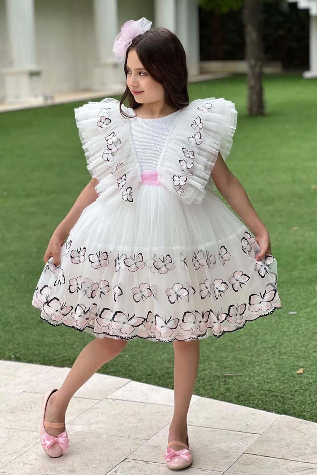 Kız Çocuk Sıfır Kol Omzu Fırfırlı Üzeri Kelebek Desenleri Eteği Tüllü Beyaz Abiye