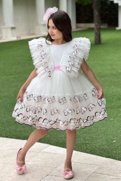 Kız Çocuk Sıfır Kol Omzu Fırfırlı Üzeri Kelebek Desenleri Eteği Tüllü Beyaz Abiye