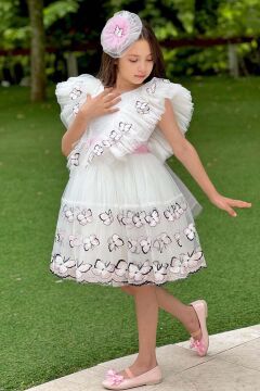 Kız Çocuk Sıfır Kol Omzu Fırfırlı Üzeri Kelebek Desenleri Eteği Tüllü Beyaz Abiye