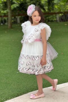 Kız Çocuk Sıfır Kol Omzu Fırfırlı Üzeri Kelebek Desenleri Eteği Tüllü Beyaz Abiye