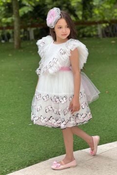 Kız Çocuk Sıfır Kol Omzu Fırfırlı Üzeri Kelebek Desenleri Eteği Tüllü Beyaz Abiye