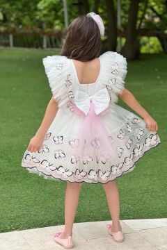 Kız Çocuk Sıfır Kol Omzu Fırfırlı Üzeri Kelebek Desenleri Eteği Tüllü Beyaz Abiye