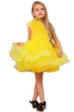 Kız Çocuk Omuzdan Göğse Tüylü Tek Omuz Eteği Kabarık Tüllü Sarı Abiye