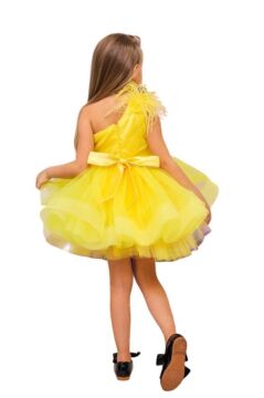 Kız Çocuk Omuzdan Göğse Tüylü Tek Omuz Eteği Kabarık Tüllü Sarı Abiye